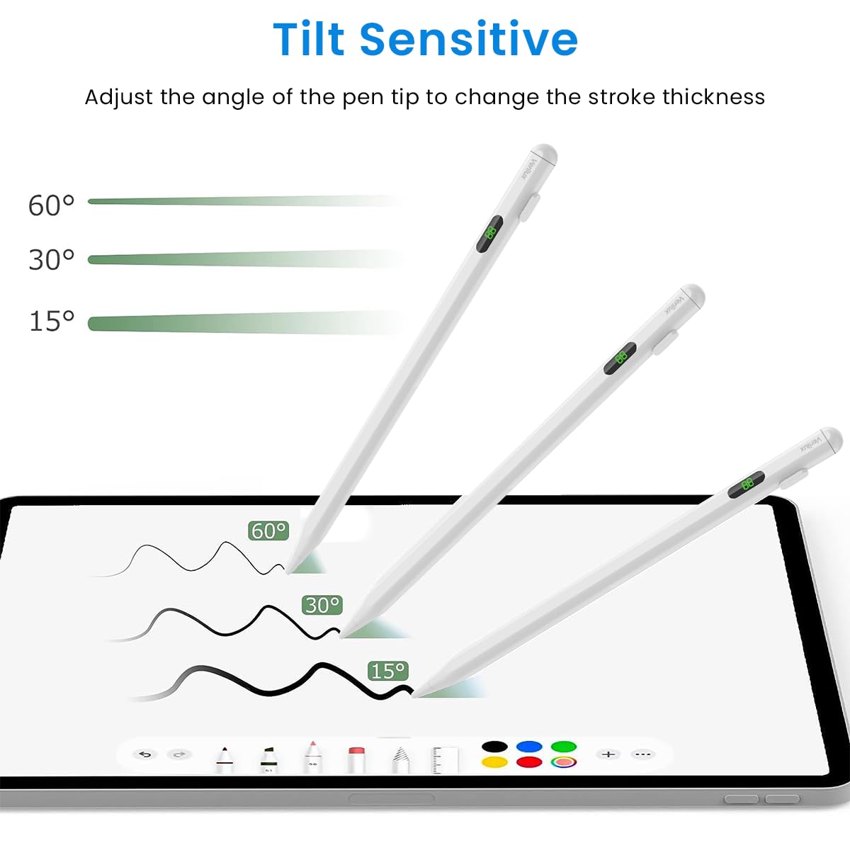 Verilux® Stylus Pen for iPad 2018 and Later iPad Stylus Pen with LCD Power Display High Precision & Double Tap ON/Off for Apple Pencil Palm Rejection Smart Pen for Tablet with Tilt Sensitivity