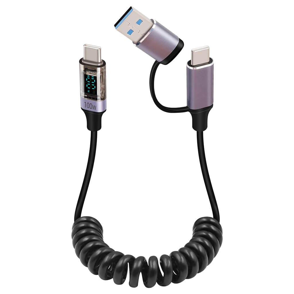 Verilux PD 100W Type C Charging Cable with LCD Display and Spring Coil | 35–180cm Adjustable Length