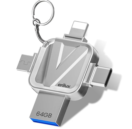 Verilux Pendrive 64GB 4 in 1 Flash Drive with Light-ning, Micro USB, USB A, Type-C Interface High Speed Mini Hangable 64 GB PenDrive for iOS & Android Compatible with iPhone, iPad, Android, PC