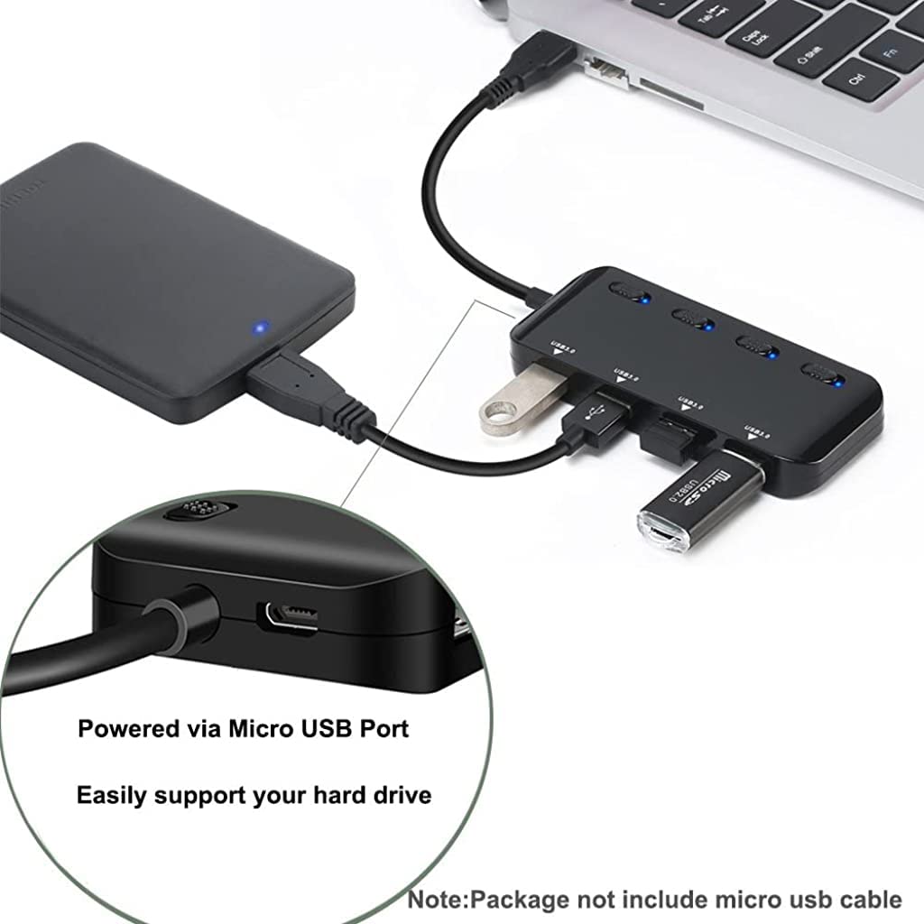 Verilux® USB Hub 3.0 for PC, USB Hub with Individual On/Off Switches, Multiport USB Adapter with 4 USB3.0 Ports for PC, MacBook Air/Pro, Mac Pro, Mac Mini, iMac, Surface Pro, XPS, Flash Drive