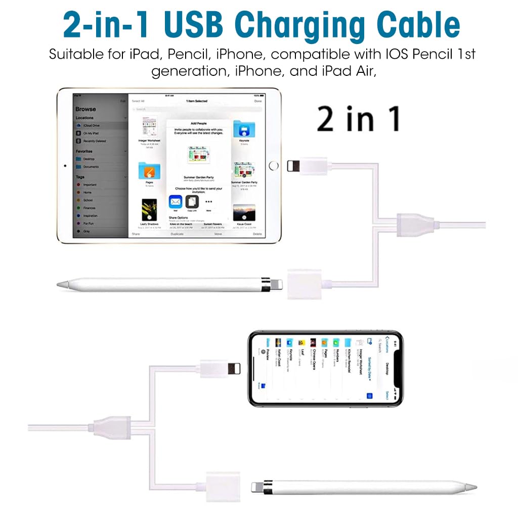 Verilux® 2 in 1 USB Charging Cable for iPad, Pencil, iPhone, 3.3ft Fast Charging Cable Compatible with IOS Pencil 1st Gen, iPhone & iPad Air