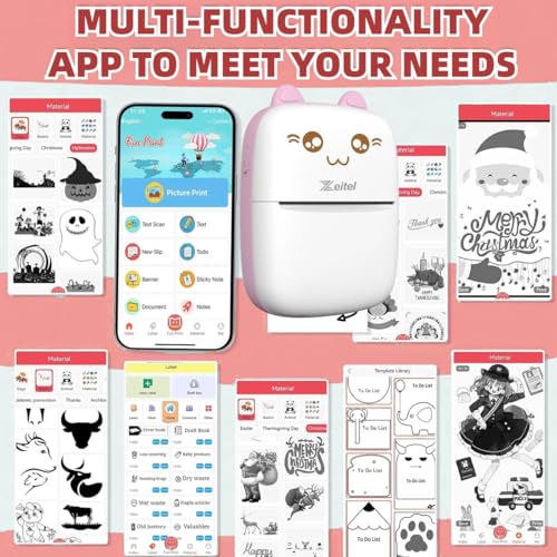 Zeitel® Mini Bluetooth Thermal Portable Label Inkfree for Android and iOS System Black on White with 10 Roll Print Paper Stickers Pink 3 PCS