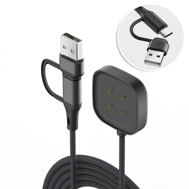 ZORBES® Compatible with Fitbit Versa4/3, 2 in 1 Magnetic Smart Watch Charging Cable, Universal 4-Pin Charger with Type C & USB Connector, 3.3ft Nylon Braid Cable