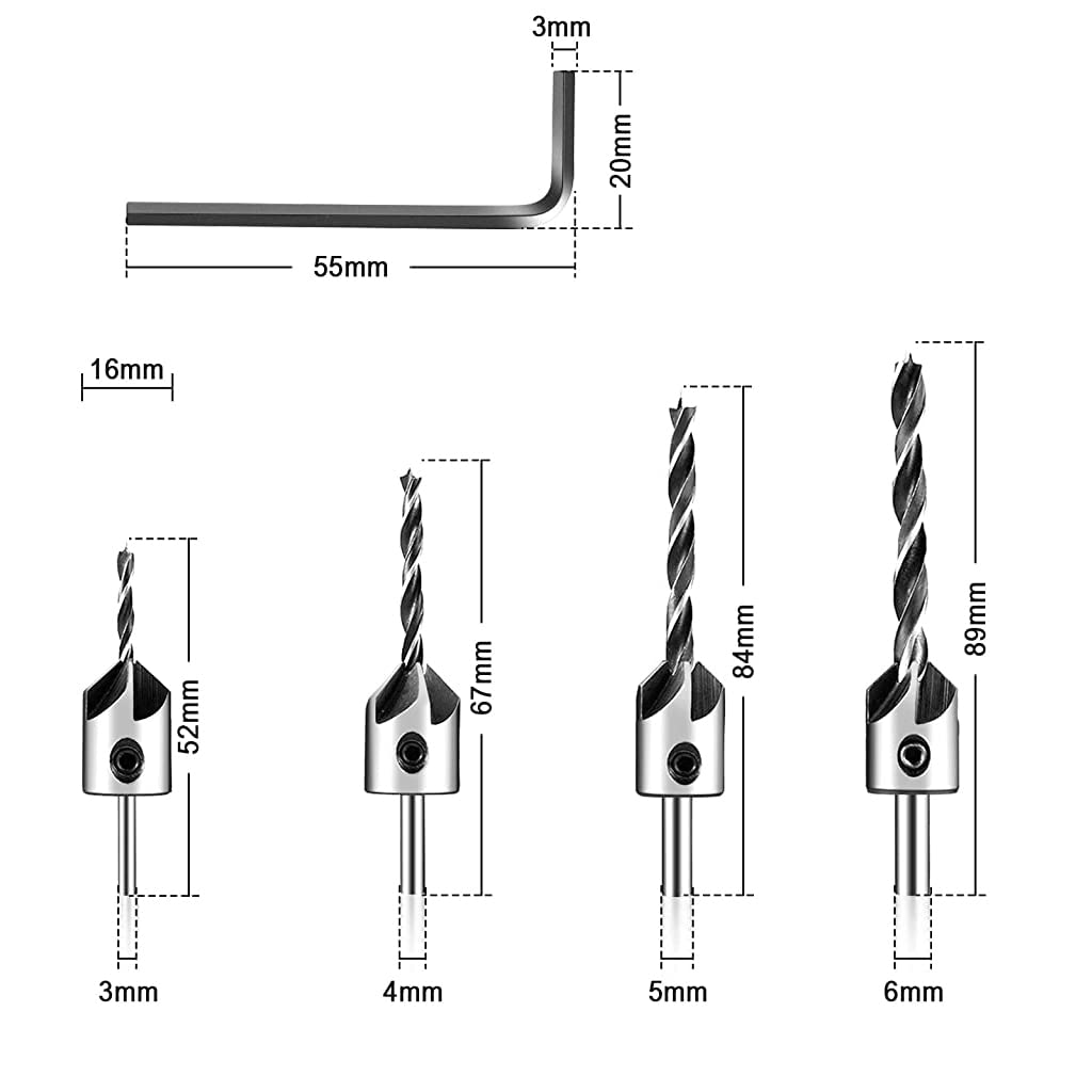 ZORBES® Countersink Drill Bits Set Woodwork, PVC, Plywood Chamfer High Carbon Steel Drill Bits for Wood Drill Bits Set 3mm 4mm 5mm 6mm with Hex Key - 4 Pcs