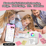 Zeitel® Mini Bluetooth Thermal Printer with LED Portable Label Inkfree for Android and iOS System Black on White with 13 Roll Paper 5 Color Pen 1 Kuromi Sticker Pink 2 PCS