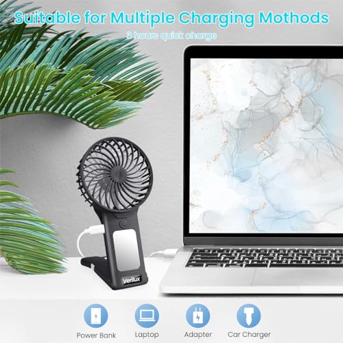 Verilux® Hand Fan for Women, Mini Portable Fan with Mirror, 4-Speed USB Fan with Foldable Stand Base, Lasting Max 20Hrs Working Time, Rechargeable Fan for Girls Women Traveling Outdoor (Black)