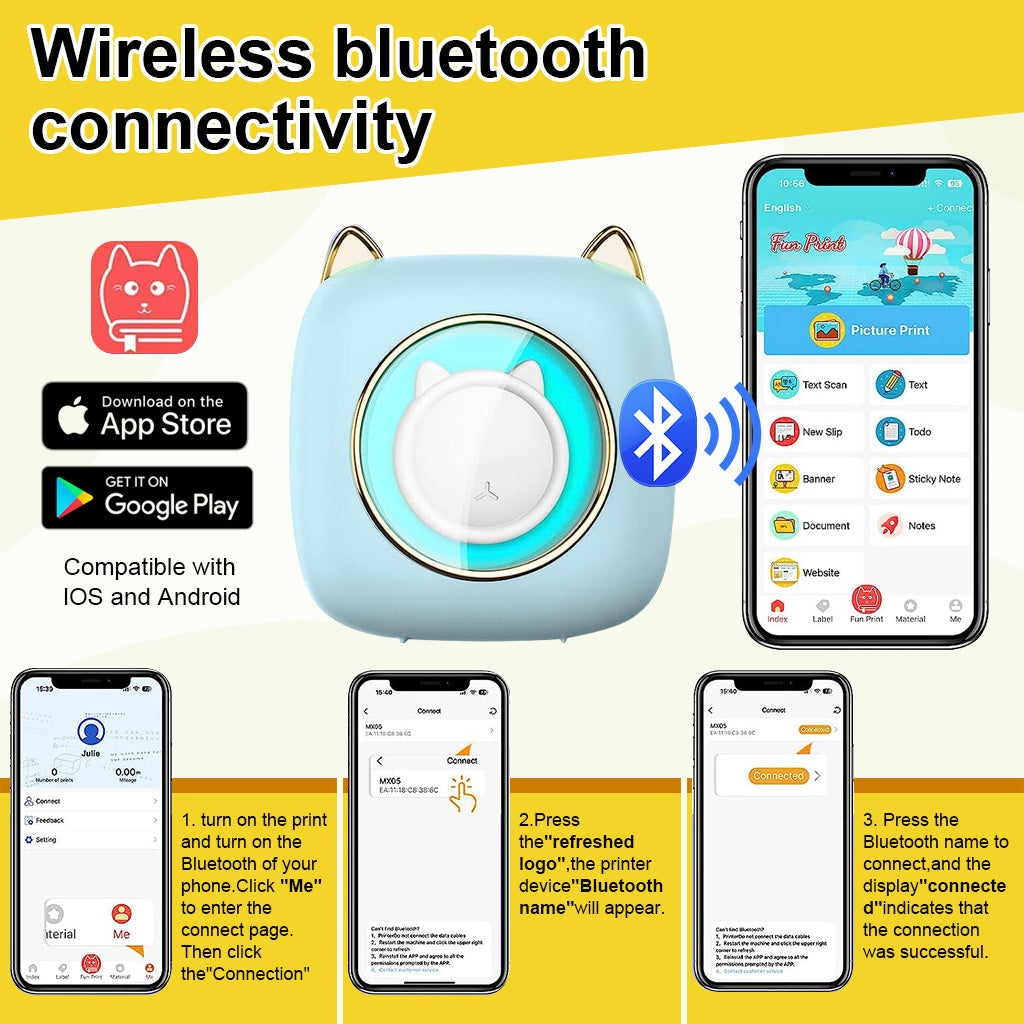 ZORBES® Mini Bluetooth Thermal Printer, Creative LED Label Printer Inkfree Printer for Android & iOS System, Black on White Thermal Printer with 10 Roll of Print Paper Thermal Printer Gift for Kids