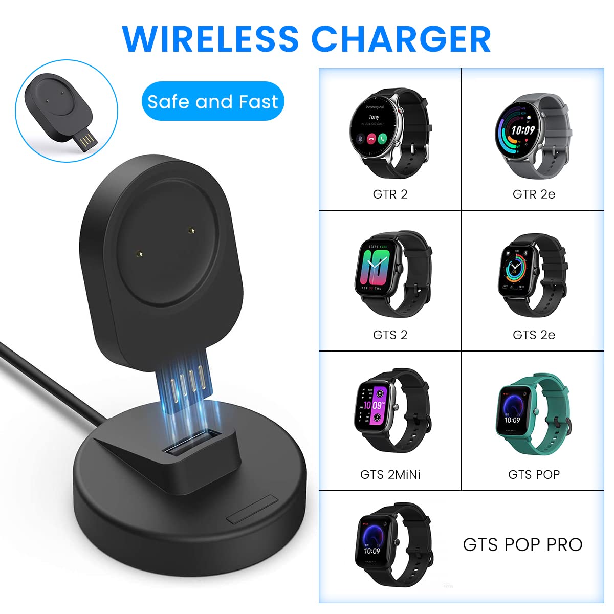 ZORBES® Charger for Amazfit Smart Watch 2 in 1 USB Wireless Charger with Charging Dock for Amazfit GTR 2GTR 2eGTS 2GTS 2eGTS 2 Mini/Pop/Pop Pro,Mini USB Charger Cable for Amazfit Watch,Black