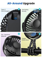 Verilux USB Stroller Fan with 5000mAh Battery and Flexible 3 Claws for Crib or Desk | Quiet Cordless Cooling