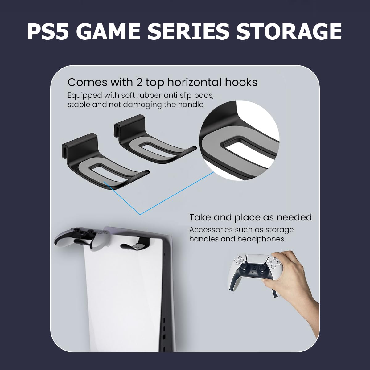 ZORBES® Wall Mounted Storage Bracket for PS5 Console Playstation 5 Accessories Multifunctional Metal Wall Stand with Hanging Hooks for PS Controller, Headset & Accessories, with Screws Set