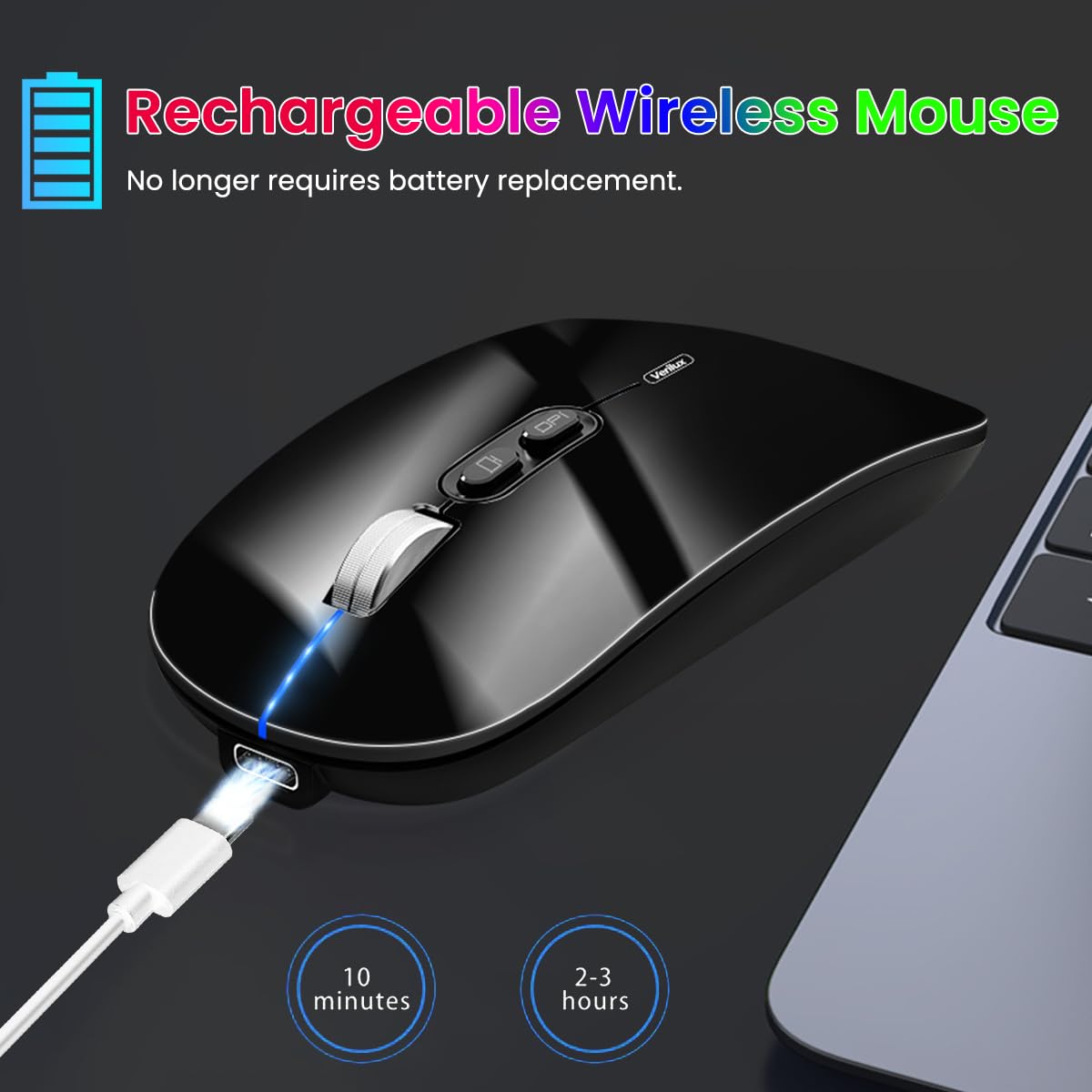 Verilux Wireless Mouse for Laptop featuring Dual Mode 2.4G and 5.1 Bluetooth | 1600DPI Rechargeable Ergonomic Black