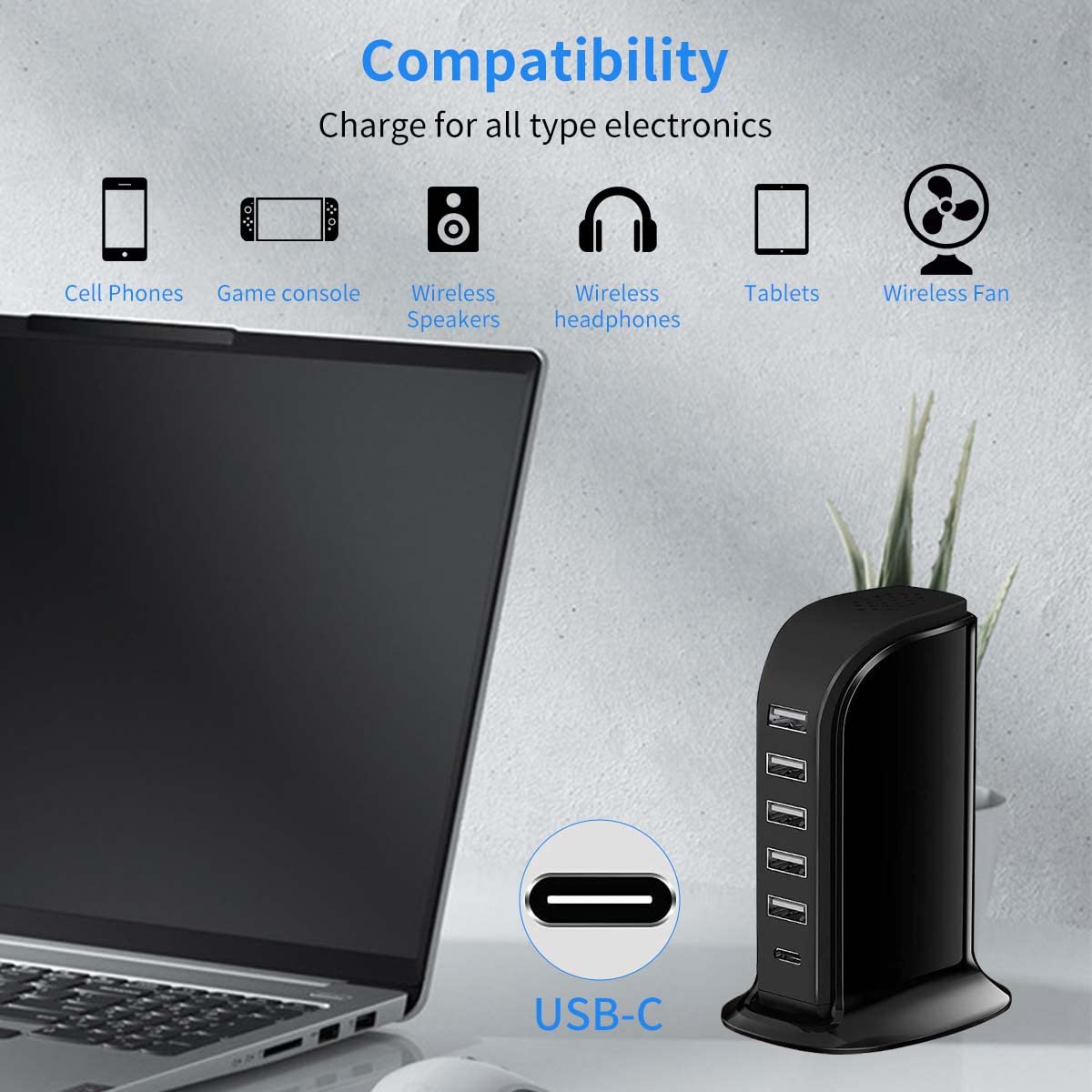 ZORBES® 6 in 1 USB Charging Station Multiports Charging Dock 30W USB Hub with 5 USB Ports and 1 Type-C Port Universal Desktop Multiports Charging Dock for Phone, Tablet, More USB Enabled Devices