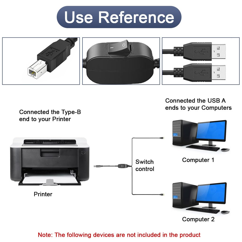 Verilux USB Printer Cable for Dual Device Connection with Switch Controller 6.6ft | 480 Mbps Data Transfer