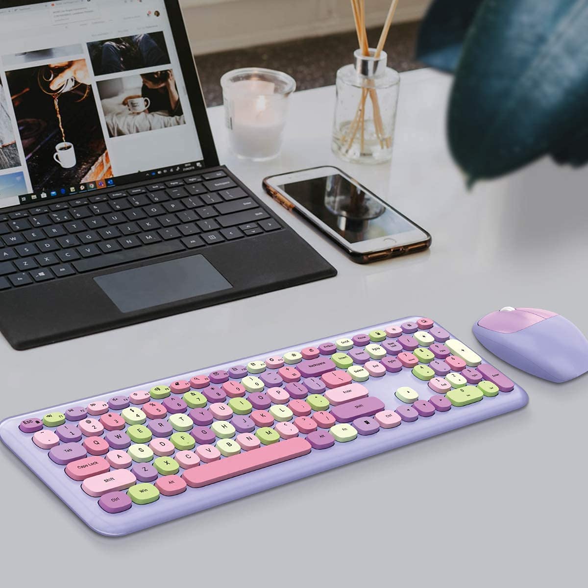 Verilux Wireless Keyboard and Mouse Combo with 110 Keys and Cleaning Brush | Purple Gift for Girls