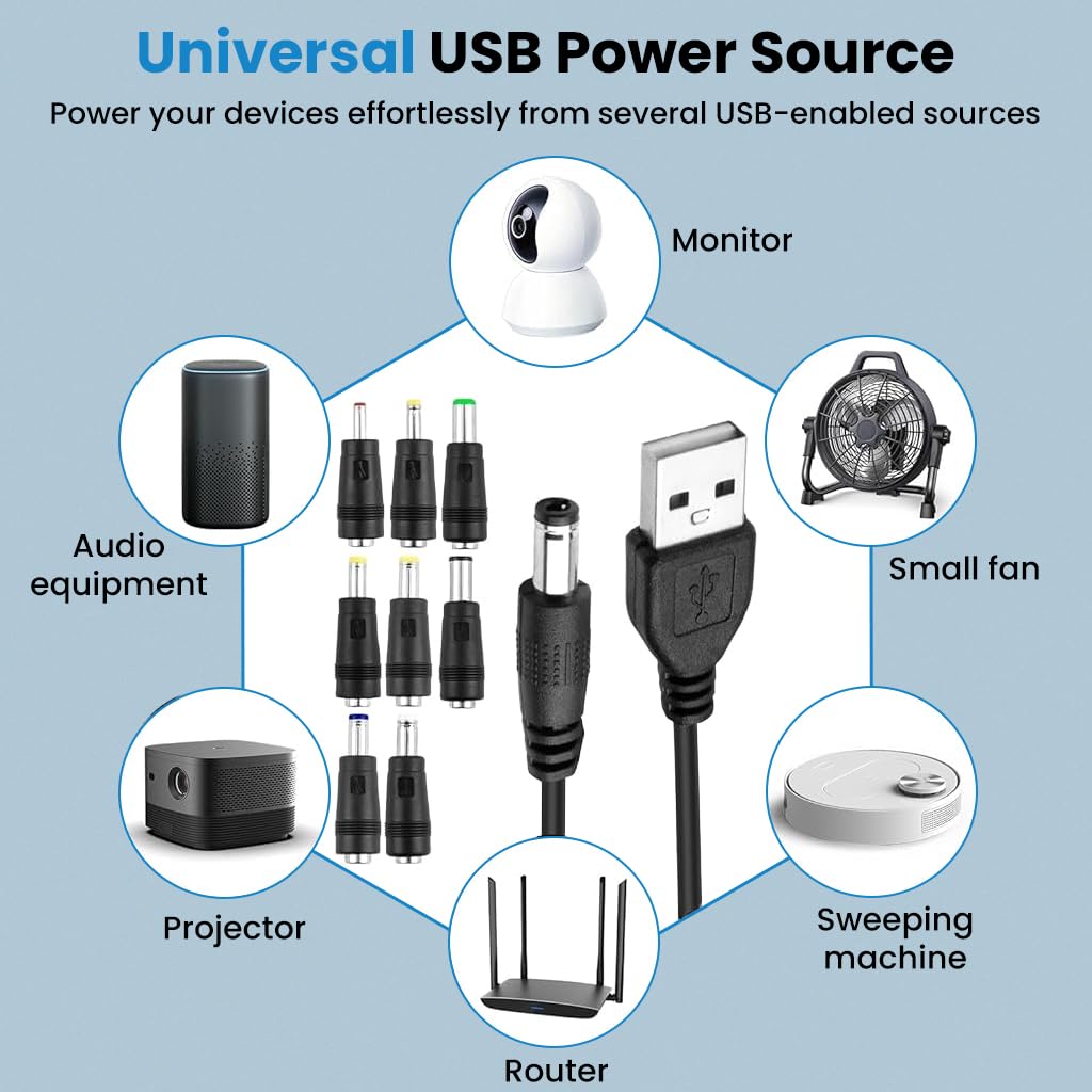 Verilux USB to DC 5V Power Cord 3.3ft for Universal Charging with 8 Interchangeable Adapters