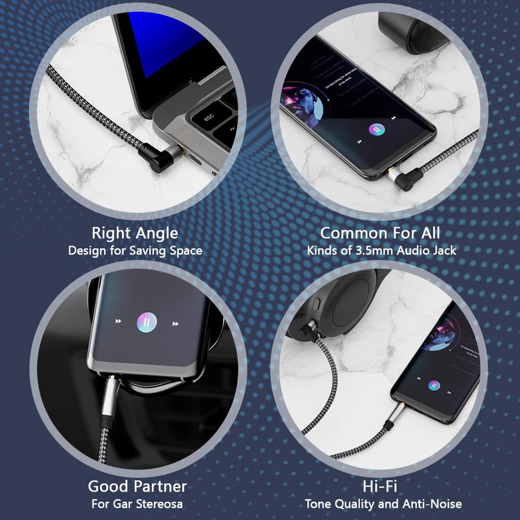 Verilux 3.5 mm Aux Cable for Car and Speakers featuring Right Angle Plug 9.8 ft Nylon Braided