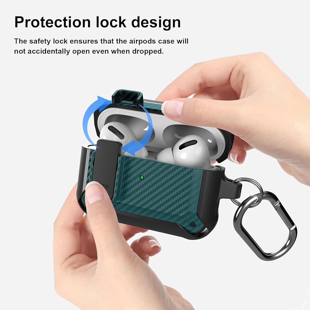 ZORBES® TPU Airpods Pro Case Fashion Carbon Fiber Design Airpods Pro Cover Airpods Pro Shockproof Case with Carabiner Support Wireless Charging,Green