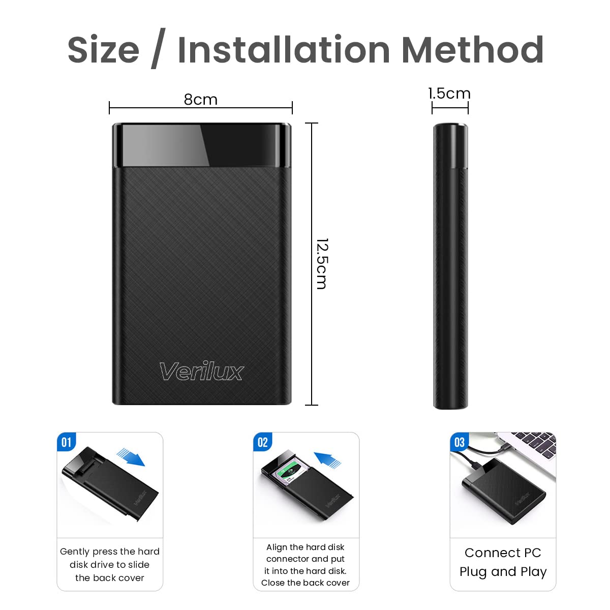 Verilux 2.5 inch Hard Drive Enclosure SATA to USB 3.0 for 2.5 Inch SSD & HDD 7mm 9.5mm Tool-Free External Hard Disk Case Max 2TB Support SATA Compatible with WD Seagate Toshiba Samsung Hitachi