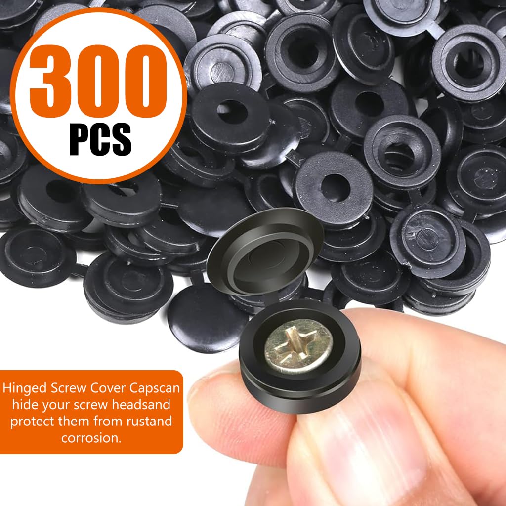 Serplex® 300Pcs Plastic Hinged Screw Cover Caps, Folding Screw Cover Cap, Snap Washer Covers Flip Tops for Covering Screw Heads, Screw Protection for Home & Industrial Use (Black)