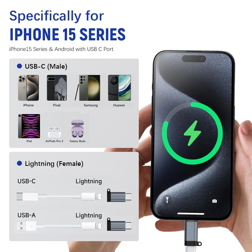 Verilux® Light-ning to C Converter, 18W Type C to Light-ning Connector, 480Mbps Type C Connector, Portable Light-ning to USB Adapter with Lanyard for i-Phone 16/16 Pro/16 Pro Max, Galaxy S24, iPad Air
