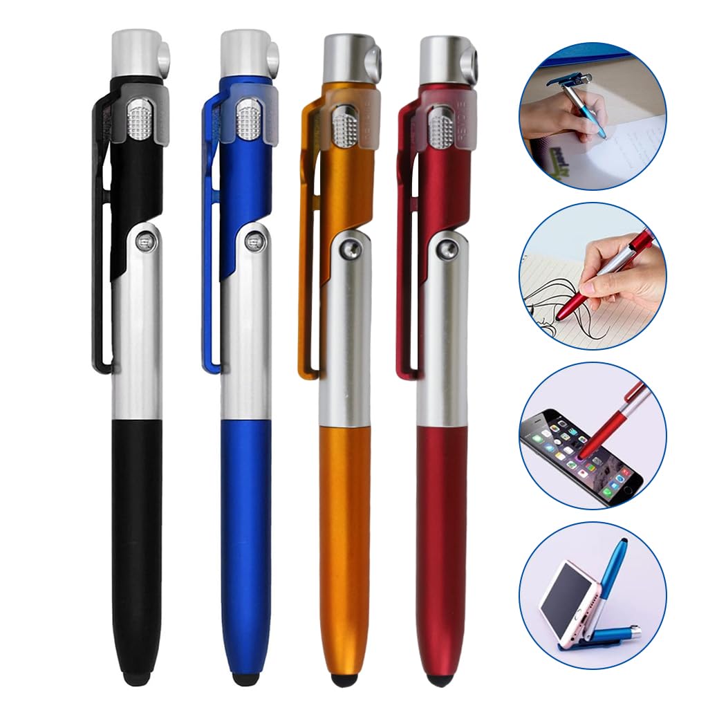 ZORBES® 4Pcs Multifunction Stylus Pen for Phone with Folding Stand, Retractable Ballpoint, LED Light Compact 4-in-1 Tool for Tech Enthusiasts and Professionals Portable Desk Pen and Phone Holder