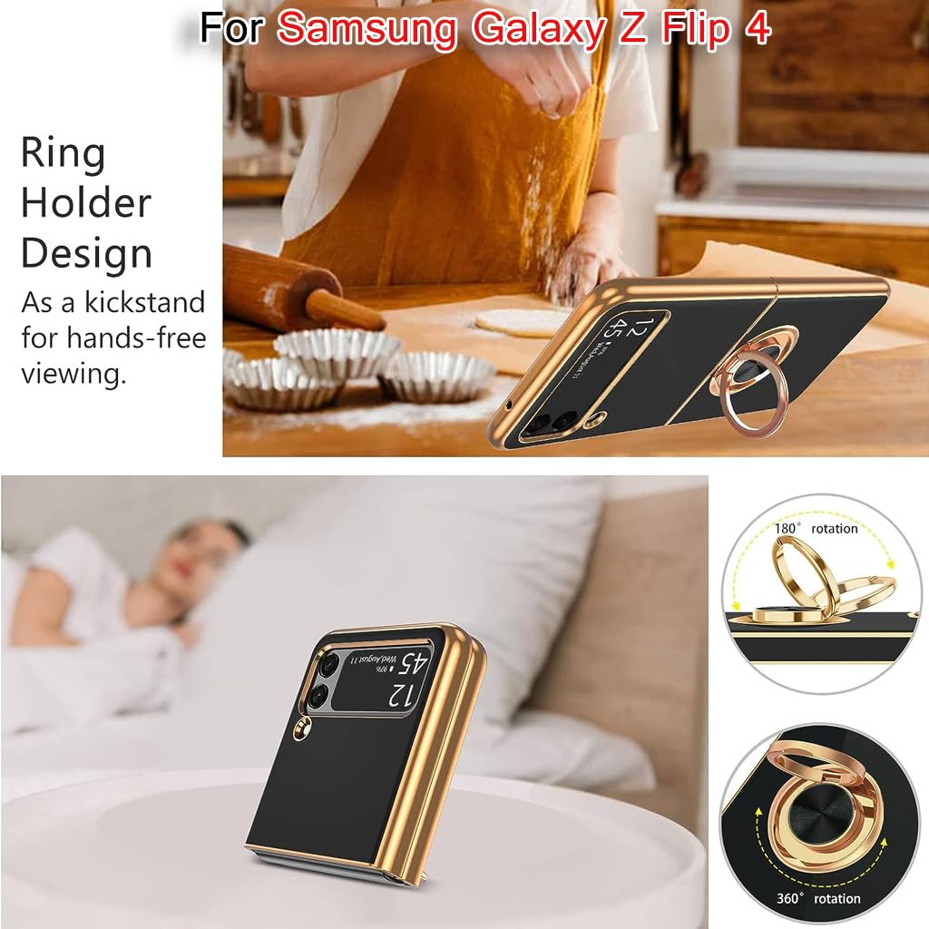 ZORBES® Phone Case for Samsung Galaxy Z Flip 4 Luxury Electroplating Metal Framed TPU with Grip Anti-Scratch Cover Black 2PCS