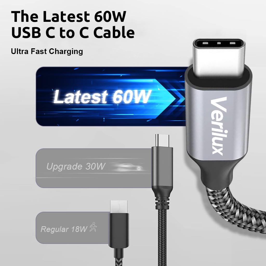 Verilux Type C to Type C Cable with 60W PD Fast Charging and 9.8 ft Nylon Braided Design