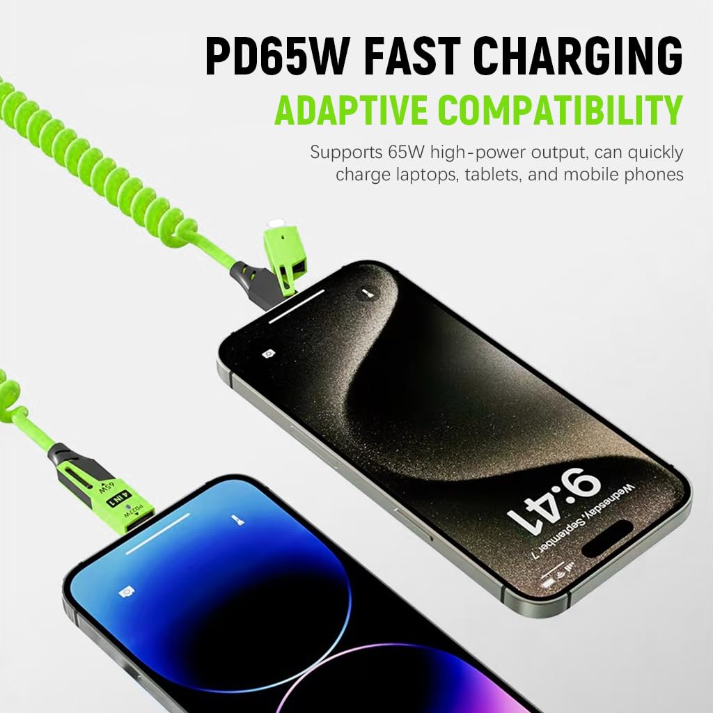 Verilux 4 in1 Type C Cable for Fast Charging with PD65W Output and Spring Coiled Design | Green