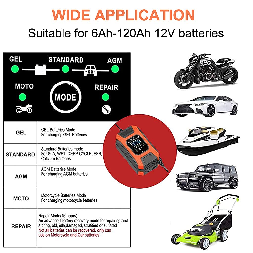 Verilux Car Battery Charger 12V 7Ah | New Upgrade 7-Stage Automatic Pulse Repair Battery Charger & Maintainer for ATVs/Golf Cart/Motorcycle/Car/Yacht Mower and More (Red)