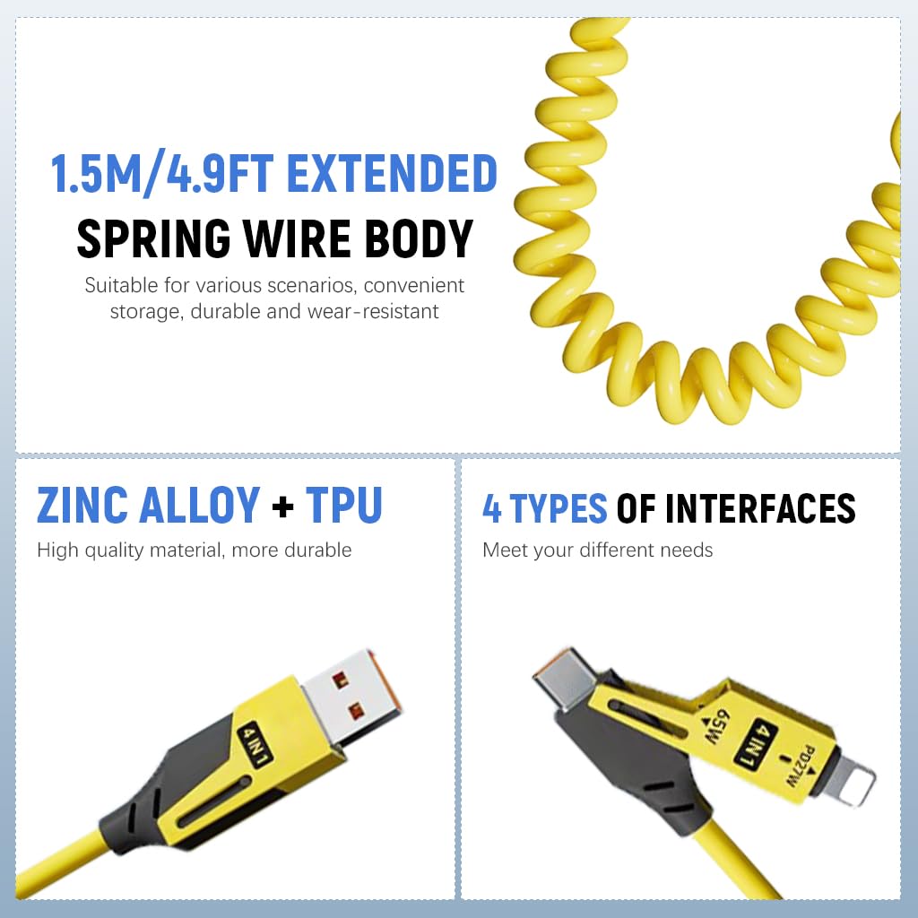 Verilux 4 in 1 Type C Cable for Fast Charging with PD65W and Spring Coiled Design | 480Mbps Data Transfer