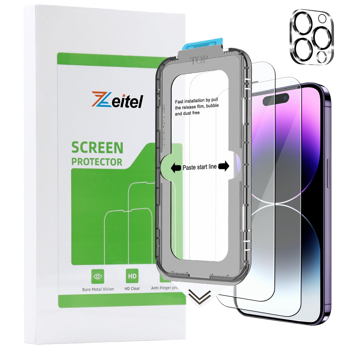 Zeitel® Tempered Glass Suitable for iPhone 14 Pro 6.1 Inch with Anti Fingerprint Screen Protector Auxiliary Installation Kit 2 Scratch Resistant Screen Protectors and 1 Lens Protector