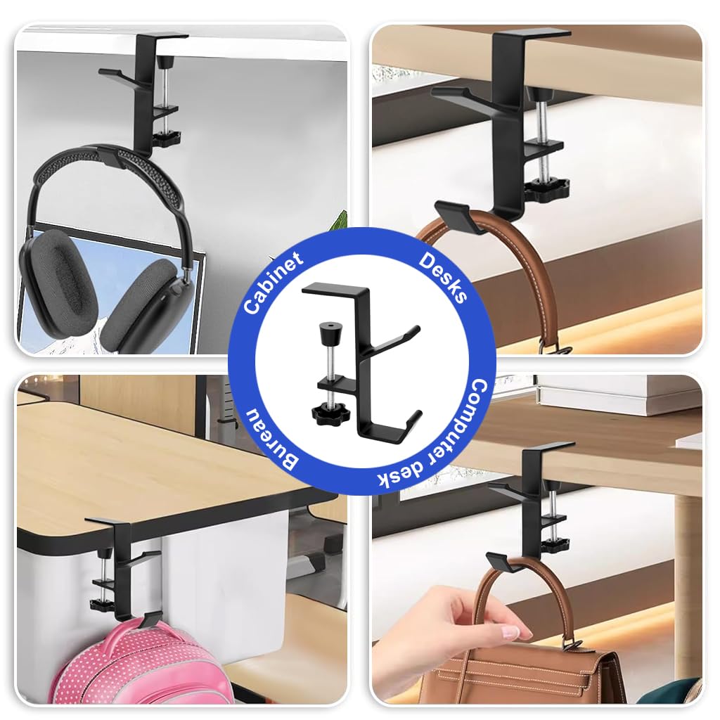 ZORBES® Underdesk Hook Hanger Metal Headphone Hanger Screw Mounted Aluminum Alloy Desk Dual-Hook Hanger Universal Adjustable Underdesk Organizer Hook for School Desk, Office Desk, Table