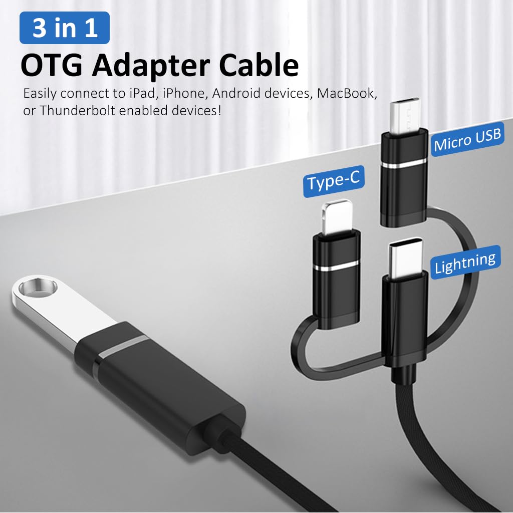 Verilux® USB OTG Cable Adapter for iPhone, in USB A Female to Light-ning/USB C/Micro Male Flash Drive Connector, Flash Drive Adapter for iPhone,
