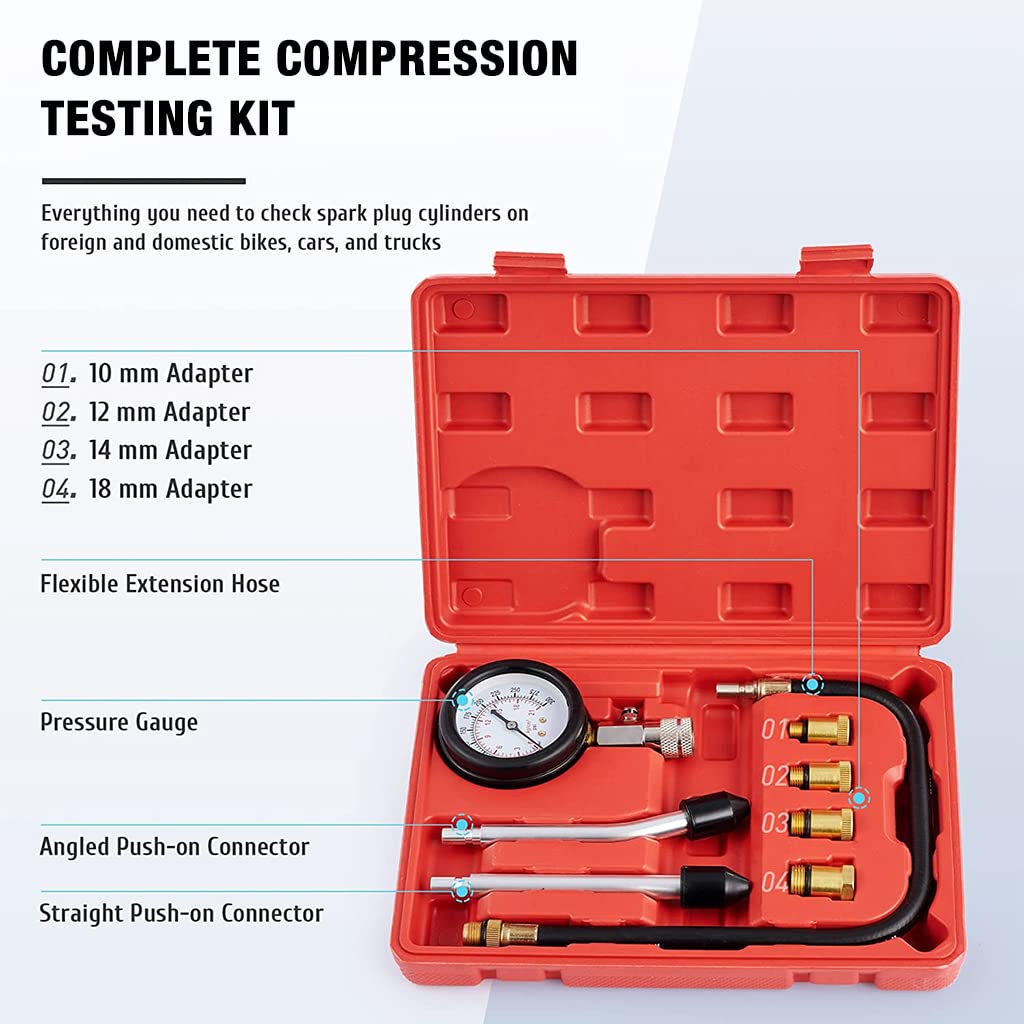 ZORBES® 8 PCS Diesel Engine Compression Gauge Tester with Portable Box,Professional Cylinder Pressure Test Tool Kit for Car & Truck, Automotive Test Kit