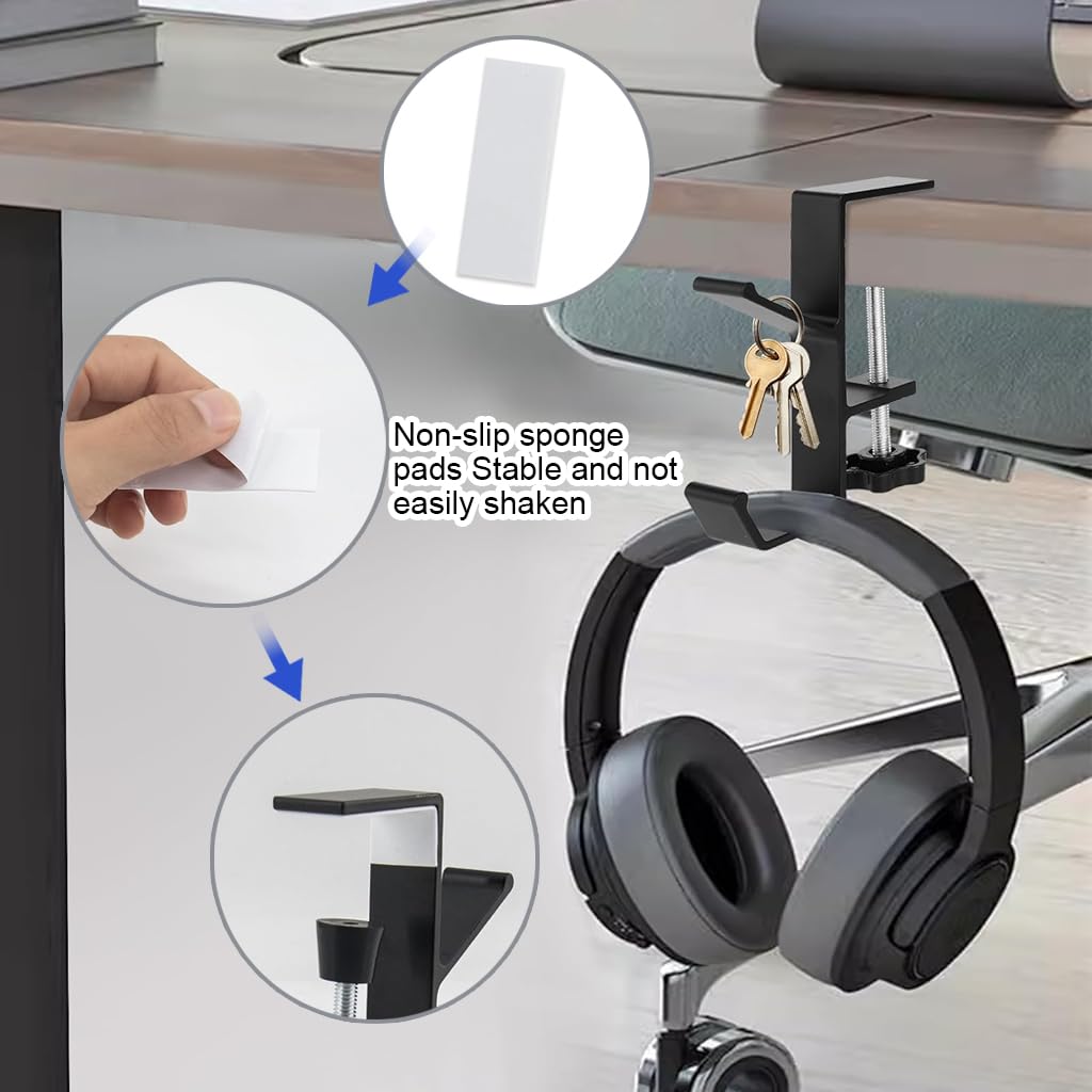 ZORBES® Underdesk Hook Hanger Metal Headphone Hanger Screw Mounted Aluminum Alloy Desk Dual-Hook Hanger Universal Adjustable Underdesk Organizer Hook for School Desk, Office Desk, Table