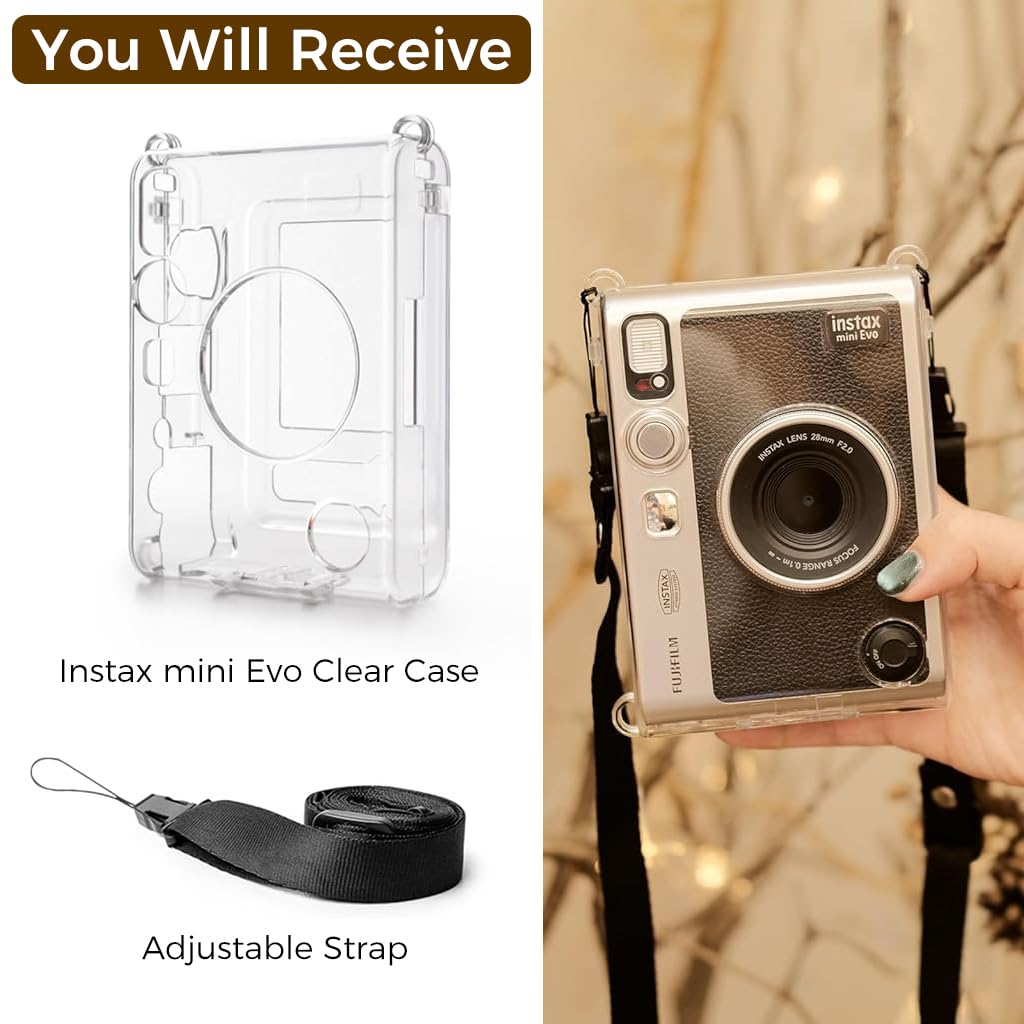 ZORBES® Clear Case for Fujifilm Instax Mini Evo PC Protective Case for Polaroid Fuji Instax Mini Evo Camera Fashion Transparent Protecive Case with Attachable Loop