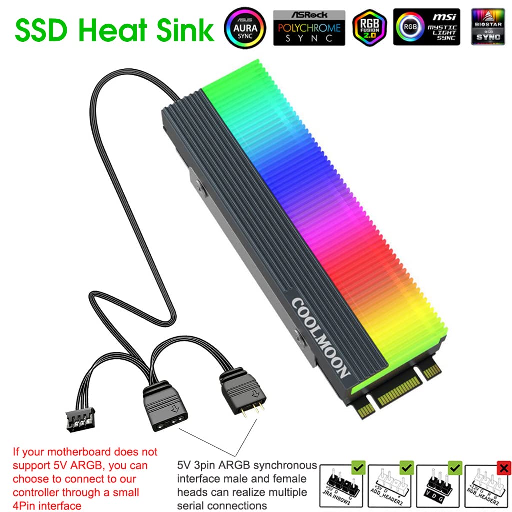 Verilux SSD Aluminum Cooler 5V ARGB M.2 2280 Heatsink SSD Aluminum Cooler for PCIE NVME NGFF or SATA 2280 M.2 SSD, Motherboard LED RGB Lights with Silicone Thermal Pad and SSD Not Included