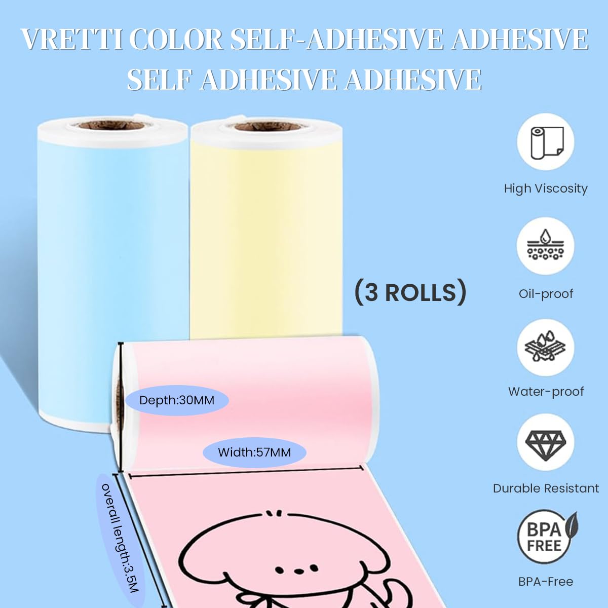 Zeitel® Thermal Printer Sticker Paper 3 Roll 57 * 25mm (Pink/Blue/Yellow) - verilux