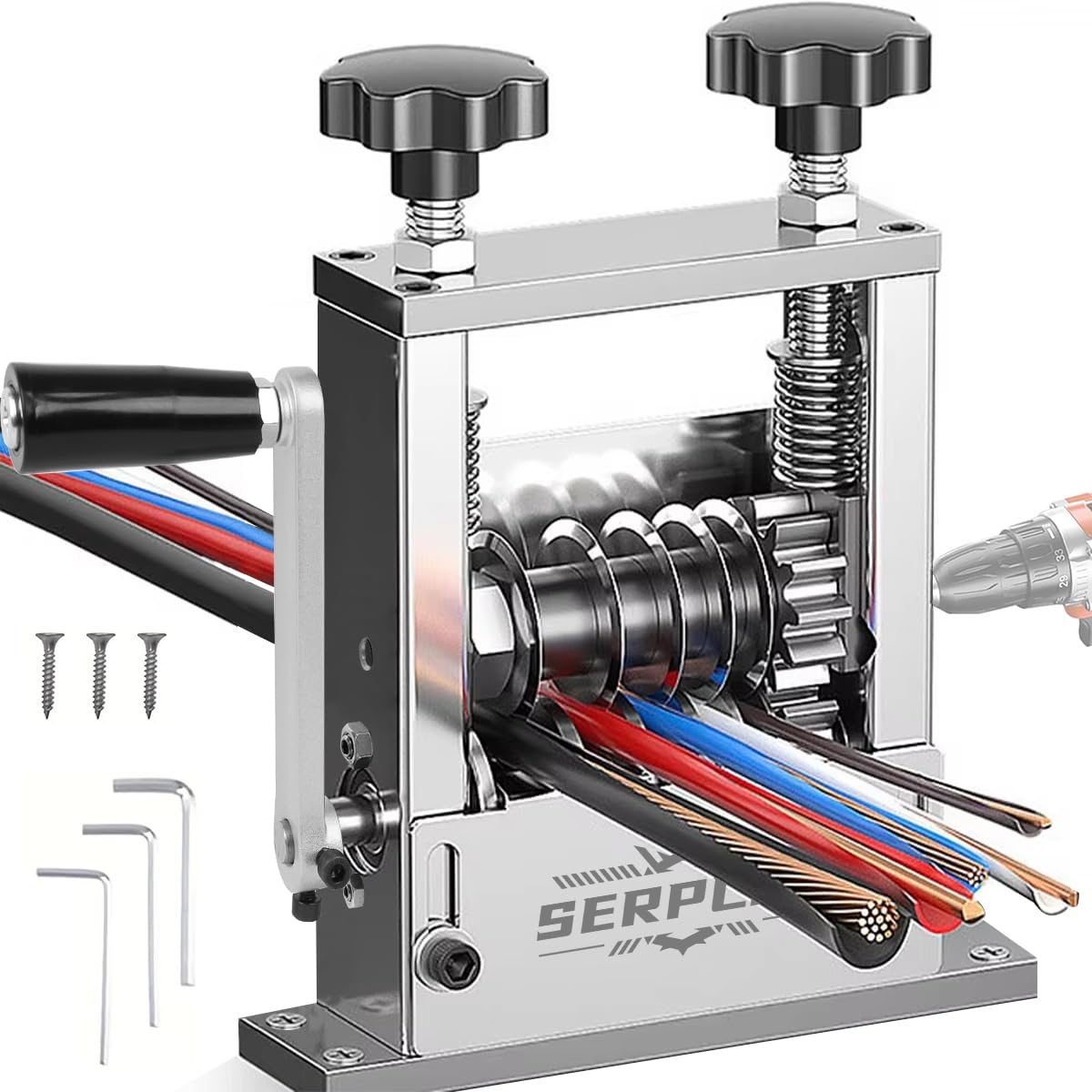 Serplex® 6-IN-1 Manual Wire Stripper Machine for Drill-Operated Wire Stripper Tool with Hand Crank 3-17mm Diameter Cable, Manual Stripping Machine Featuring 6 Tracks & 5 Carbide Blades