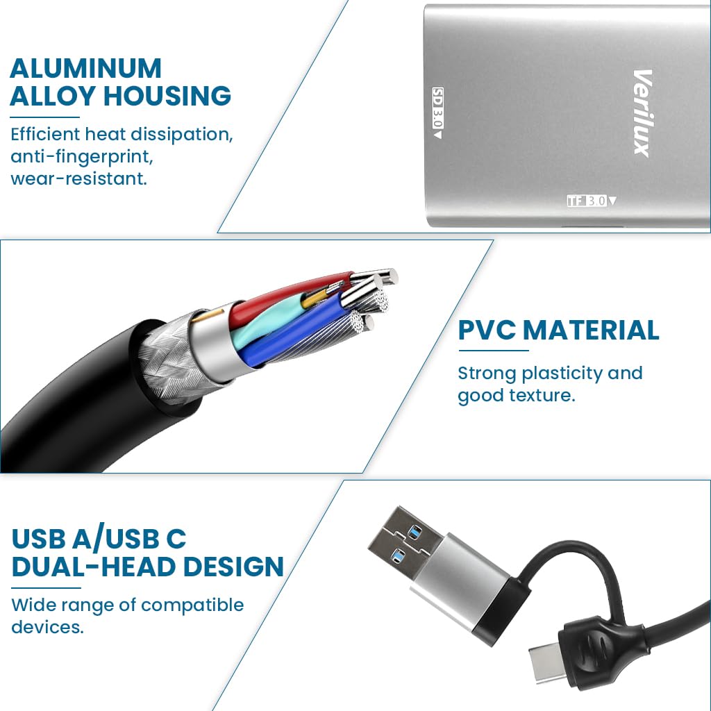 Verilux SD Card Reader for Fast Photo and Video Transfer with Dual USB-C and USB-A | 10Gbps Plug and Play Access for Laptops and Smartphones