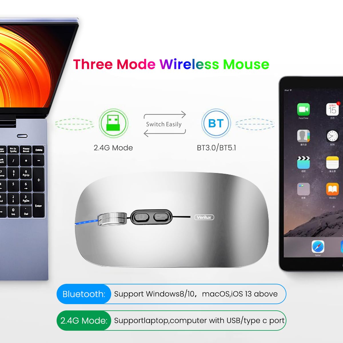 Verilux Wireless Mouse for Laptop with Rechargeable Battery and 3 Connection Modes | Silver 2PCS