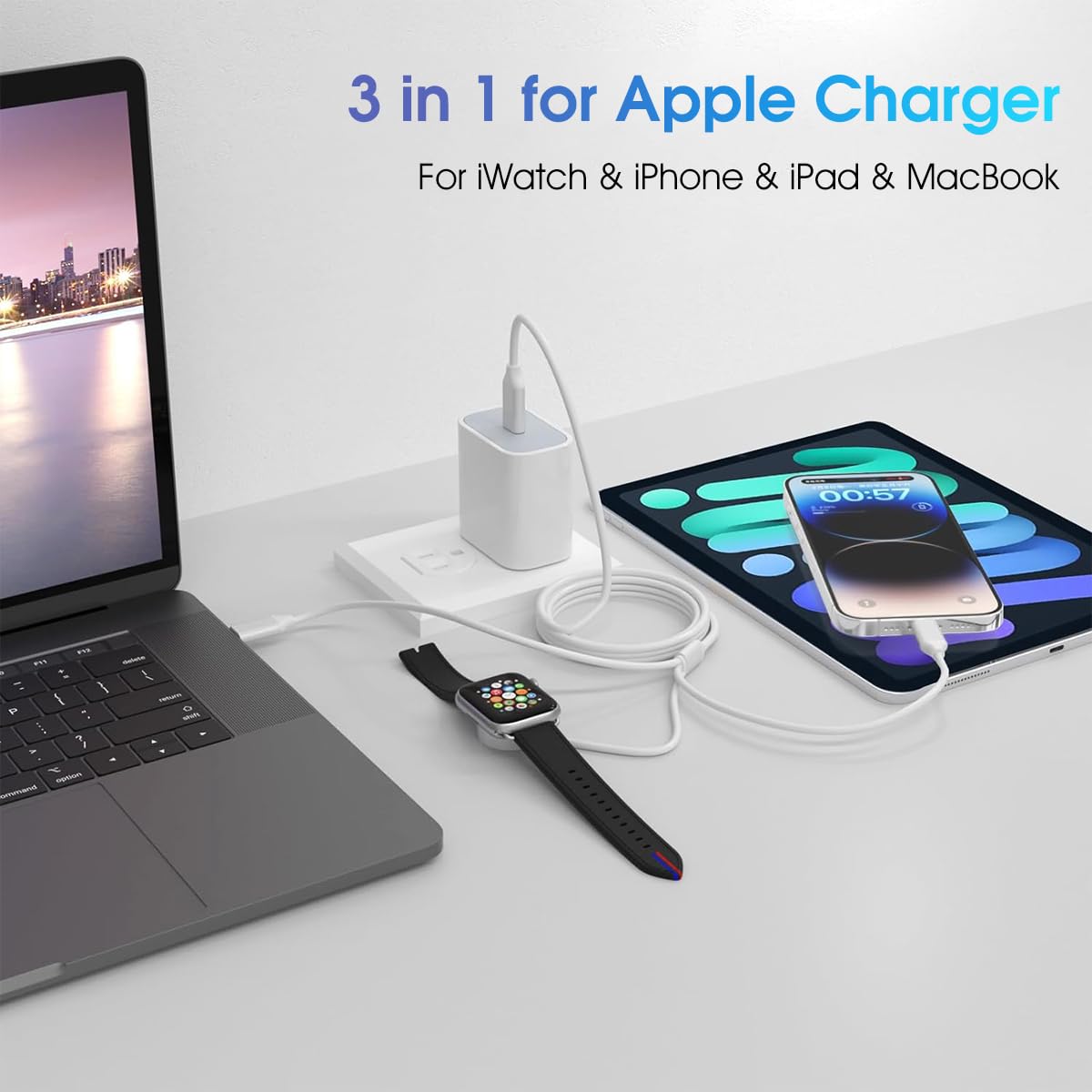 Verilux 3 in 1 Magnetic Charging Cable for Apple Devices with 6ft Cord and 60W PD Fast Charge
