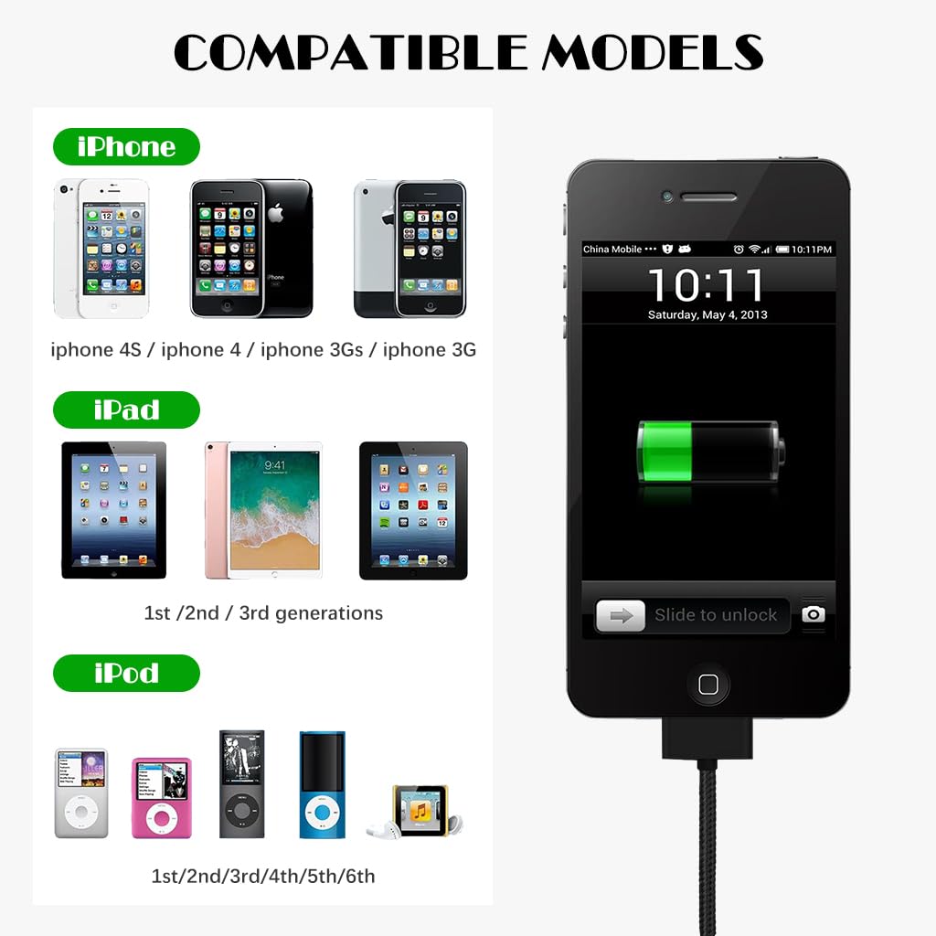 Verilux 30 Pin to USB Charging Cable for iPhone and iPad featuring Nylon Braided 6.6 ft Length | Fast Data Sync