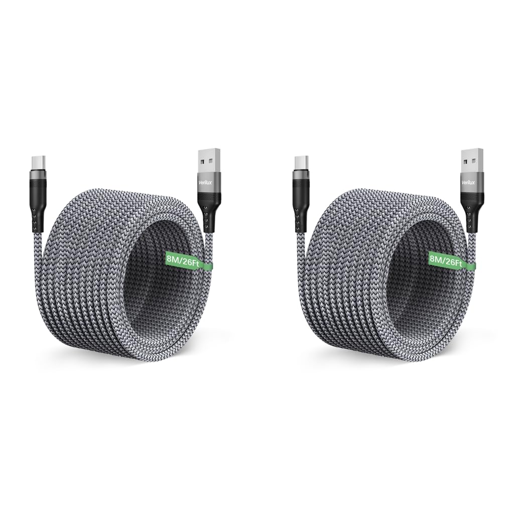 Verilux Type C Cable for Phone and Tablet featuring 8m 26ft Length and 10W Charging | 2PCS Grey