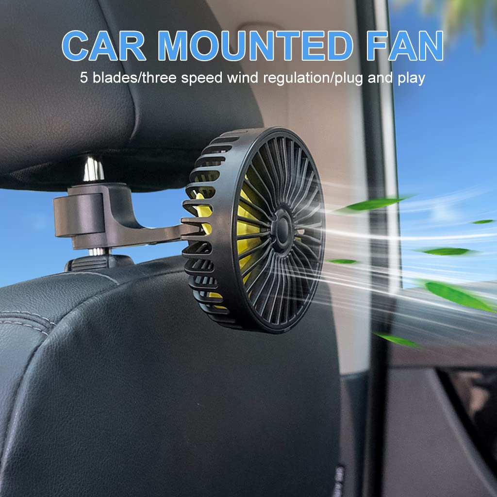 Verilux USB Fan for Car Back Seat with 3 Speed Settings and Rotatable Headrest Mount | Safe for Baby Passengers