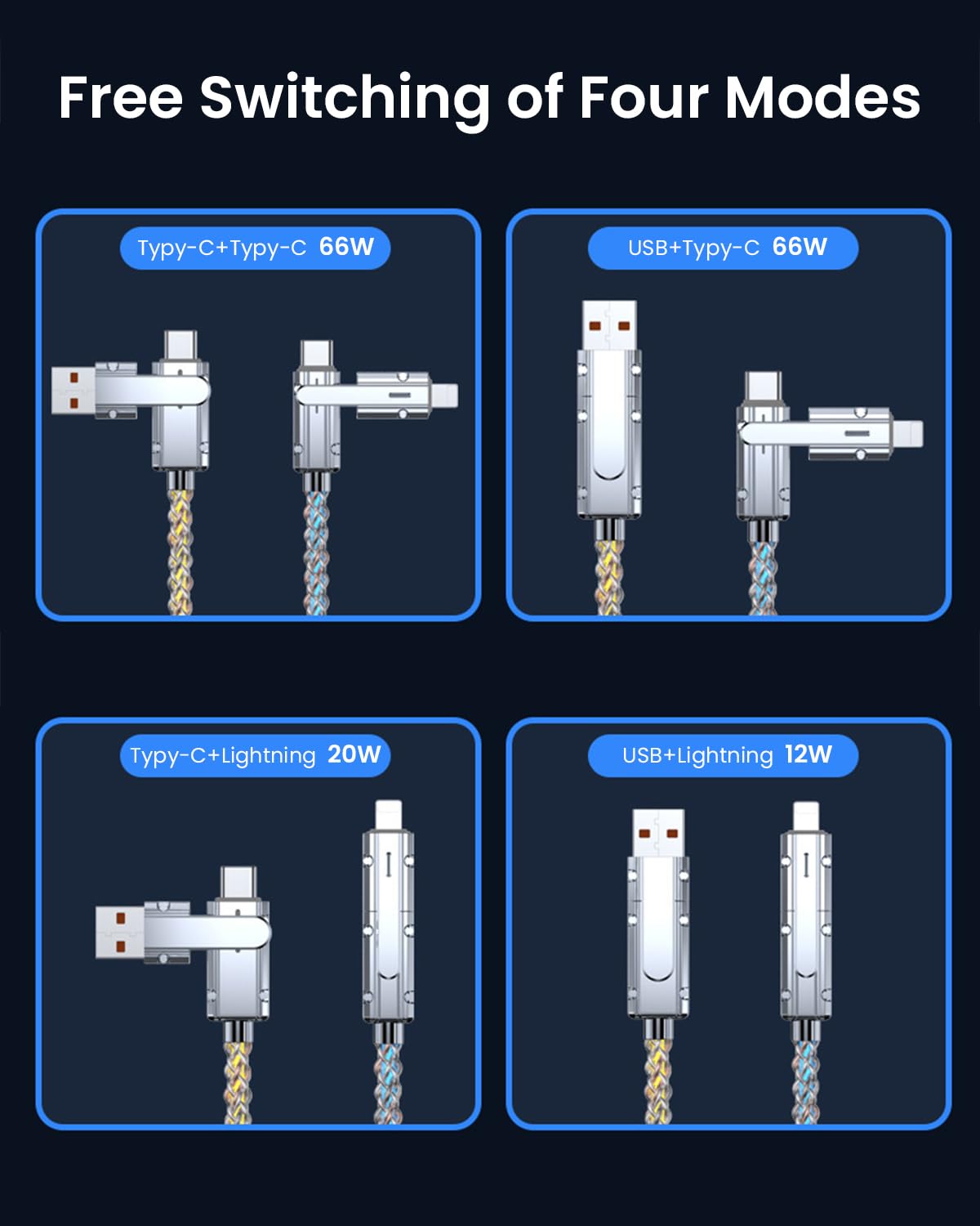 Verilux 4 in 1 Charging Cable with PD 66W Fast Charge and Zinc Alloy Connectors | 1M Color Woven Design