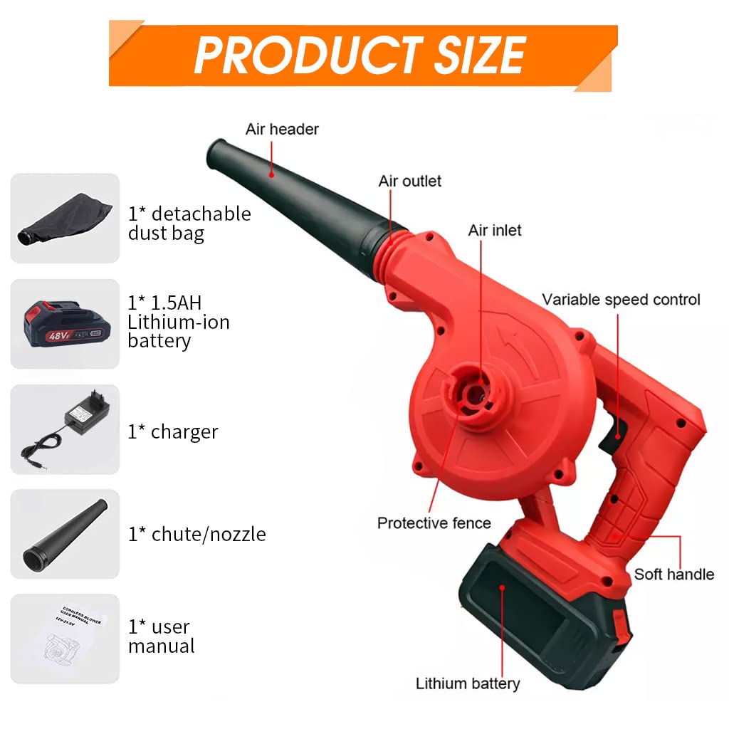 ZORBES® 2 in 1 Cordless Leaf Blower/Vacuum, 48V 1.5AH 1000W 18000RPM Rotatable Electric Air Blower with Vaccum Cleaner, 2 Variable Speed Blowers Kit for Blowing Leaf, Clearing Dust & Trash