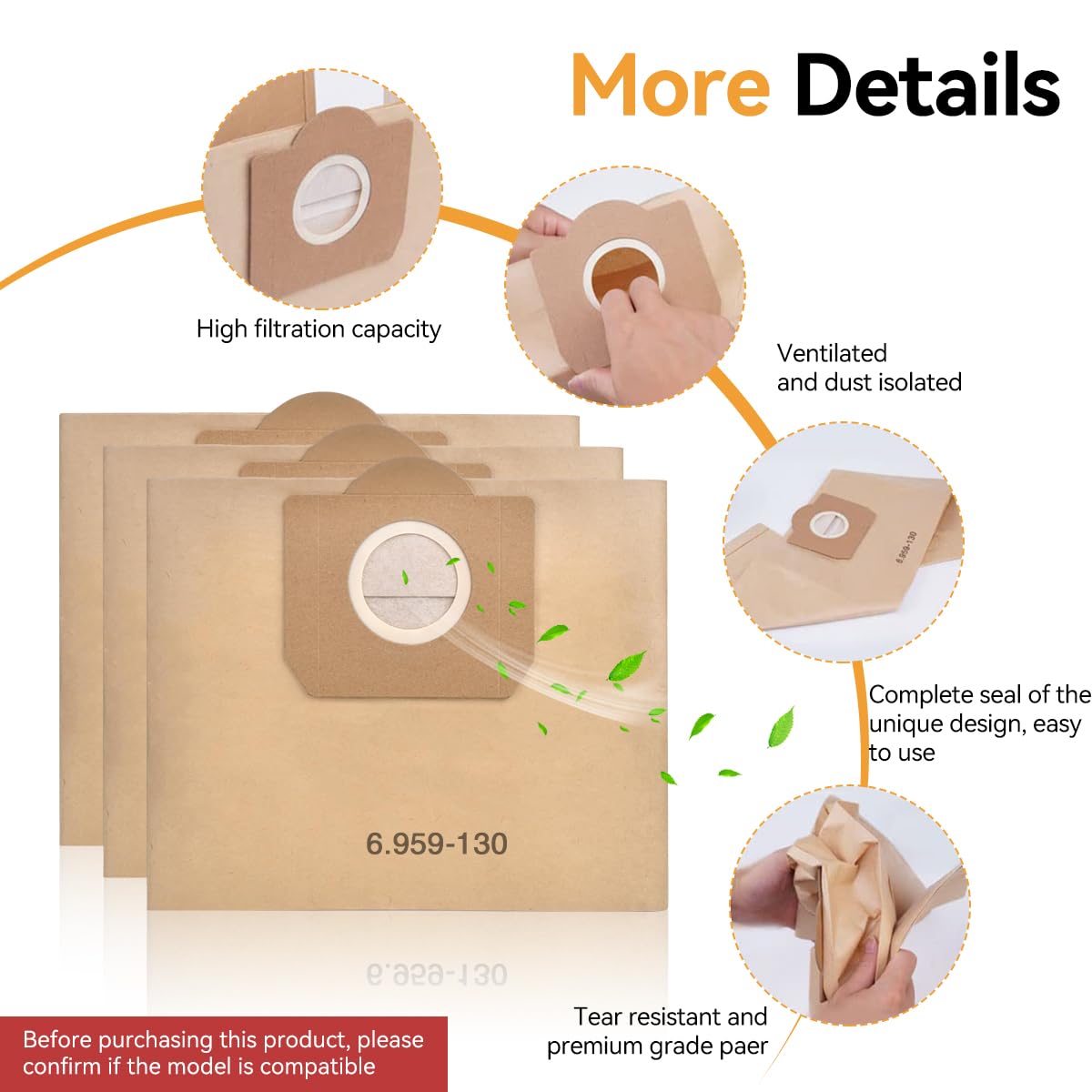 Verilux Vacuum Cleaner Dust Bags for Karcher WD3 MV3 featuring 6 Pack Paper Filter Design