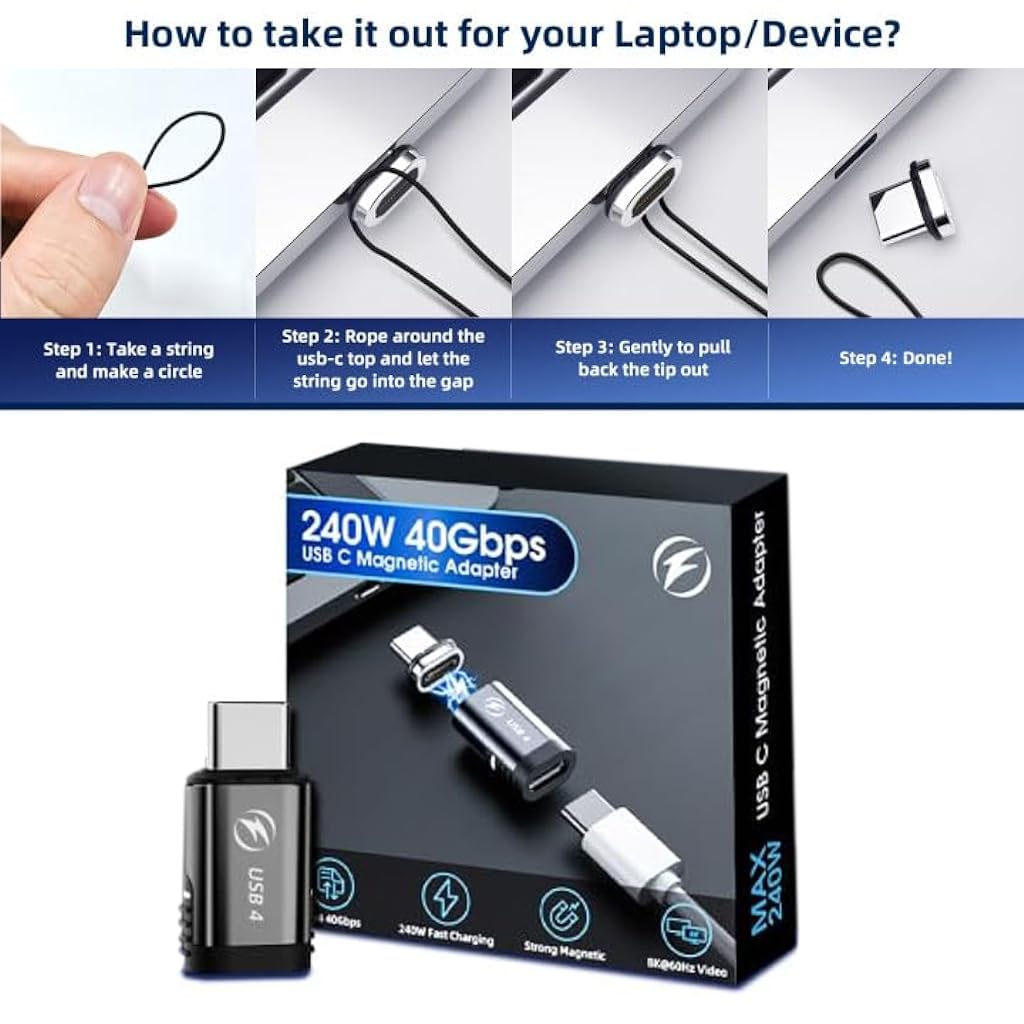 ZORBES® USB C 4.0 Adapter 1Pack, 240W Magnetic USB C Adapter Supports 40Gbps Adapter & 8K@60Hz Video Display PD24Pin Zinc Alloy USB C Adapter for Thunderboard 4/3 MacBook Pro/Air and More Type C