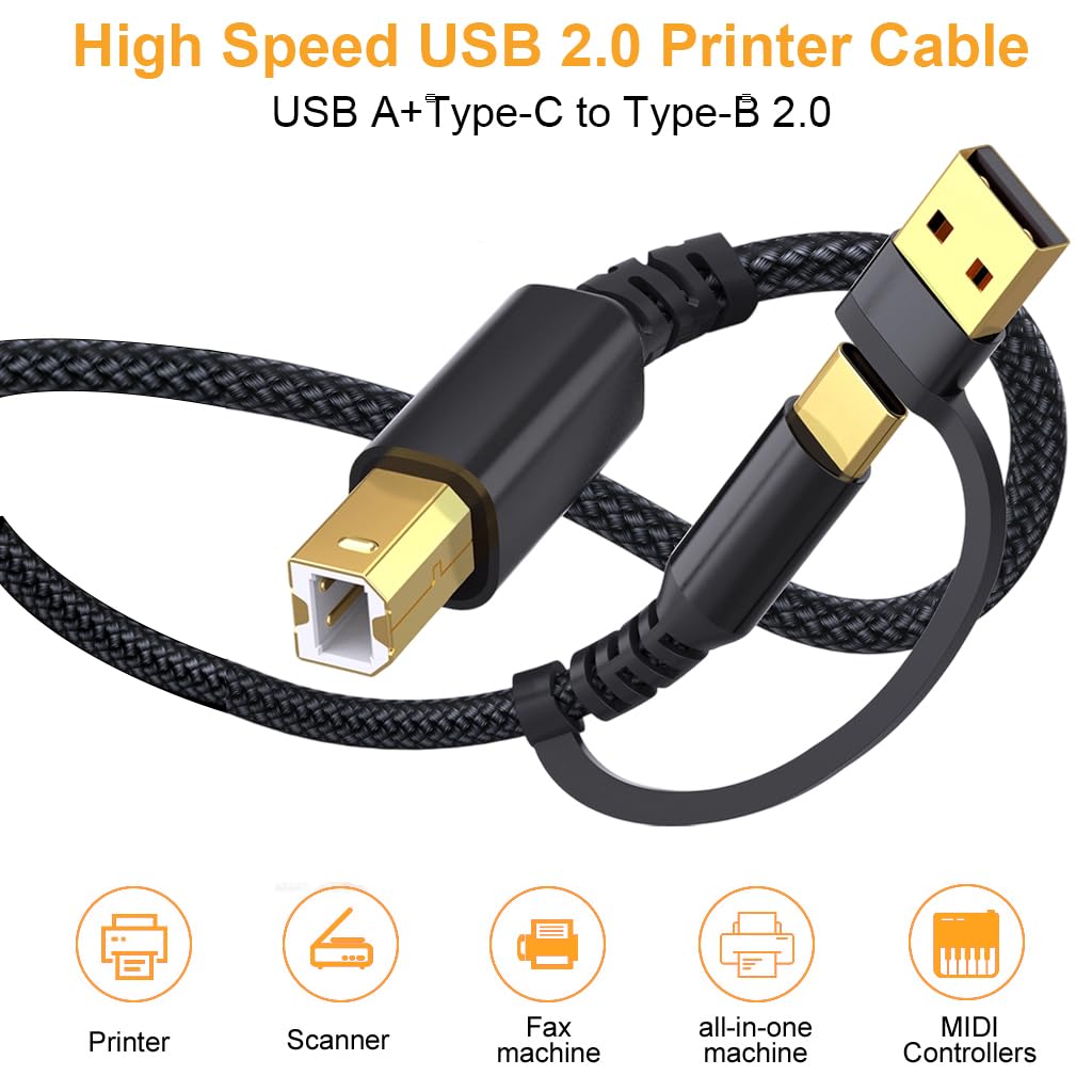 Verilux USB Printer Cable for HP Canon Epson with 6.6ft Length and Dual USB C & Type A | 480Mbps Data Transfer